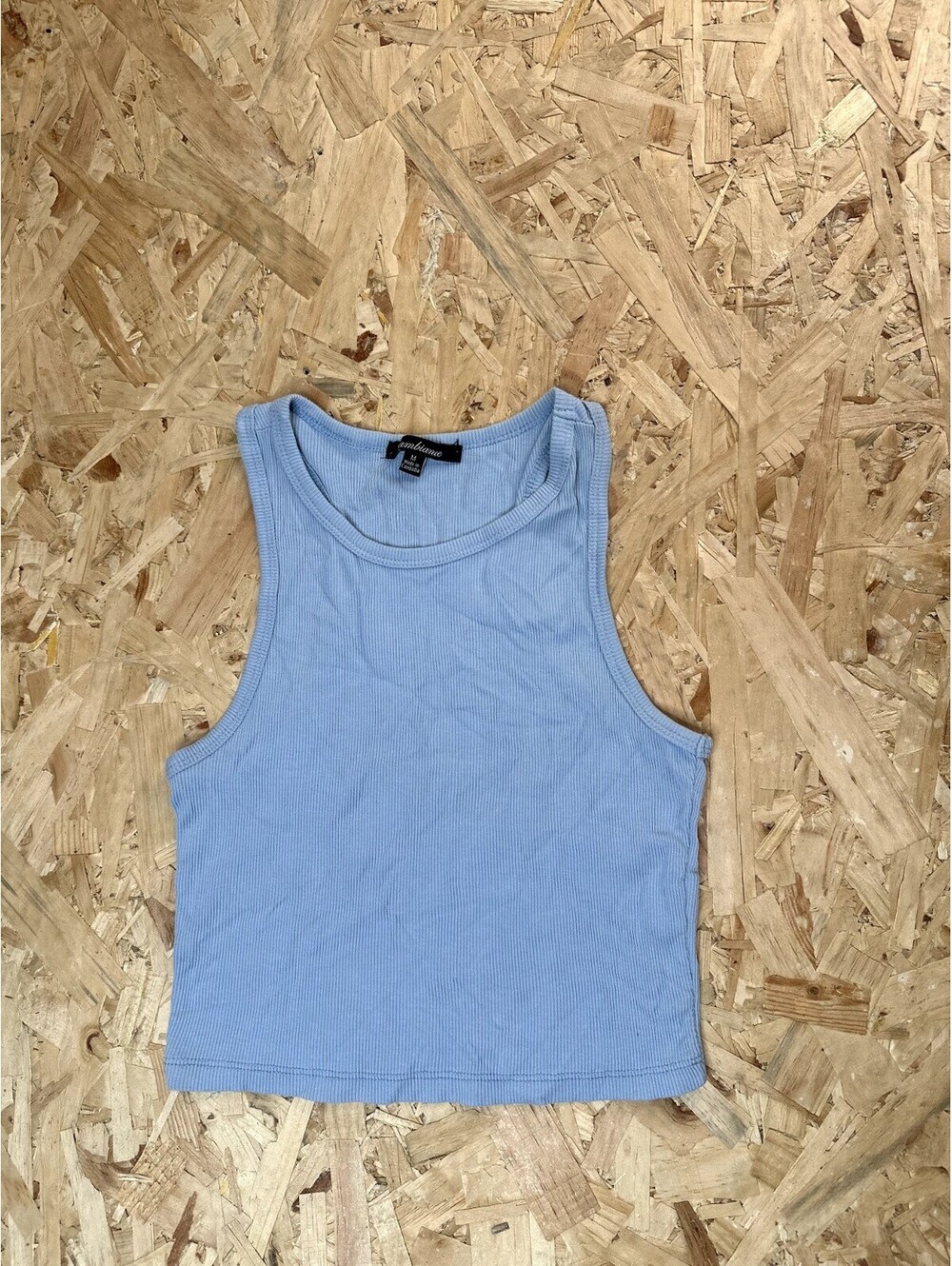 Ambiance Ribbed Crop Tank Top Womens Medium Blue High Neck Sleeveless Knit